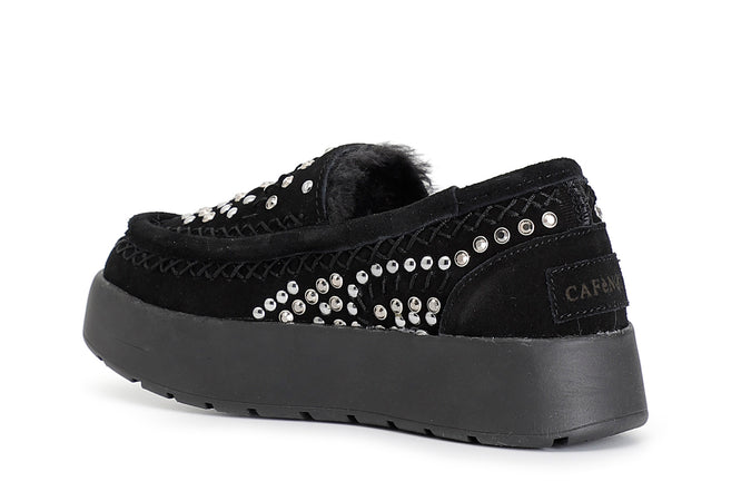 MOCASSINO IN PELLE SCAMOSCIATA CON STRASS BORCHIE E INFILATURE