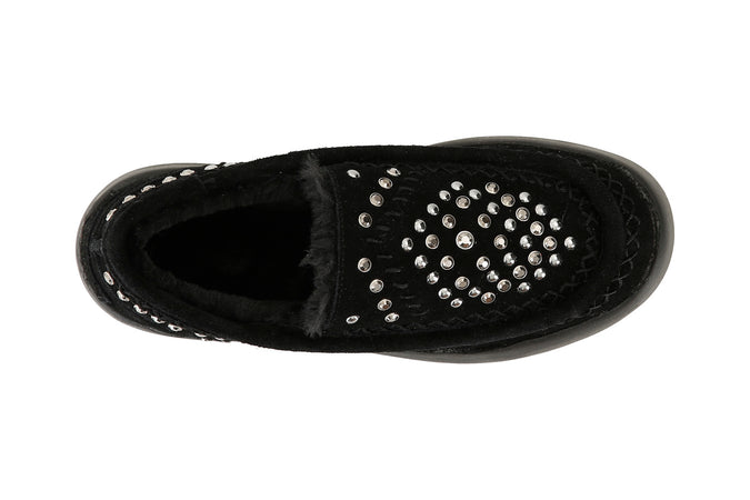 MOCASSINO IN PELLE SCAMOSCIATA CON STRASS BORCHIE E INFILATURE