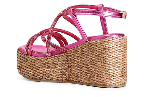 SANDALO CON LACCI INCROCIO IN STRASS ZEPPA FASCIA RAFIA