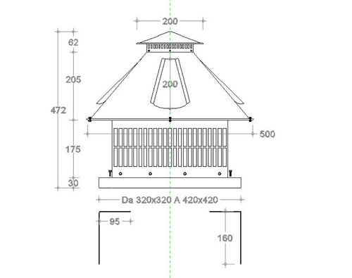Aspiratore aspirafumi elettrico testa spiovente e base quadra regolabile da 320X320 a 420X420mm in lamiera colore Testa di Moro