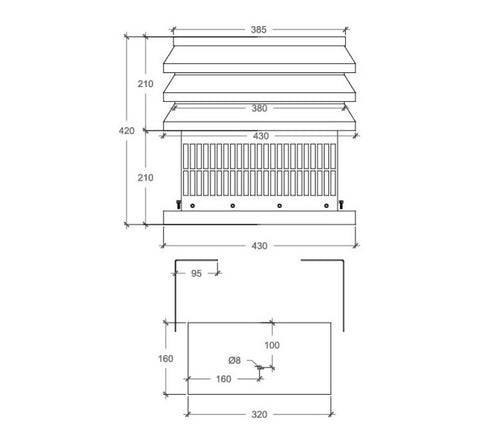 Aspiratore aspirafumi elettrico testa quadra e base quadra regolabile da 320X320 a 420X420mm in lamiera colore Testa di Moro