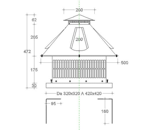 Aspiratore aspirafumi elettrico testa spiovente e base quadra regolabile da 320X320 a 420X420mm in acciaio inox