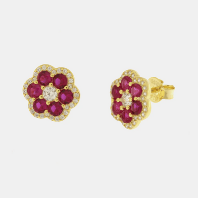 BYSIMON - Orecchini in Argento 925 con zirconi rossi a forma di fiore