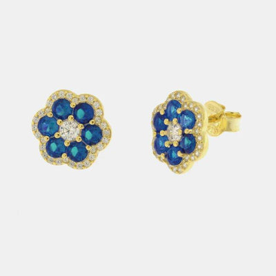 BYSIMON - Orecchini in Argento 925 con zirconi blu a forma di fiore