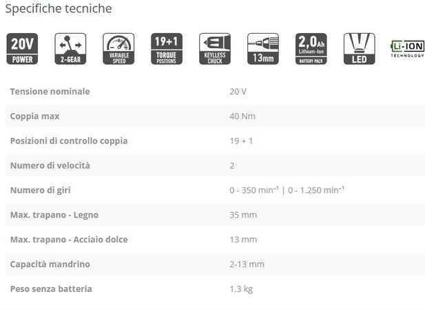 FF-Group CDD/40 20V PLUS trapano avvitatore con 2 batterie uso semi professionale
