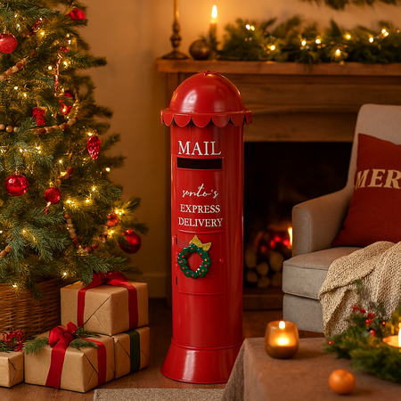 Mailbox cilindrica in metallo colore rosso con decorazioni natalizie
