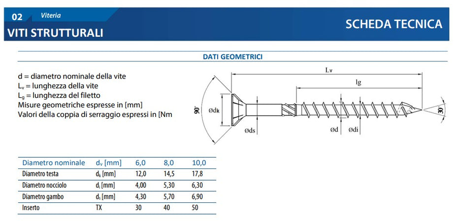 Vite 6x140mm - 10 unità TPS zincata testa conica per legno impronta torx