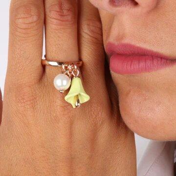 BYSIMON -Anello in Metallo con perla e campanella a forma di calla