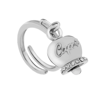 BYSIMON - Anello in Metallo con campanella portafortuna pendente impreziosita da cristalli e scritta Capri a rilievo