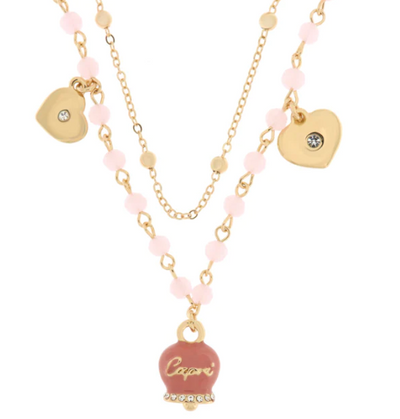 BYSIMON - Collana in Metallo con campana smaltata rosa e cuoricini pendenti