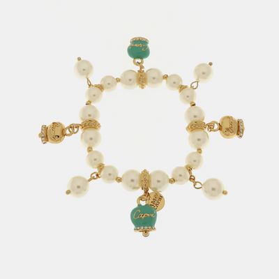 BySimon - Bracciale in Metallo Bracciale in Metallo con perle e campanelle portafortuna in smalto verde con scritta Capri