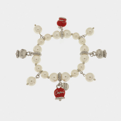 BySimon - Bracciale in Metallo Bracciale in Metallo con perle e campanelle portafortuna in smalto rosso con scritta Capri