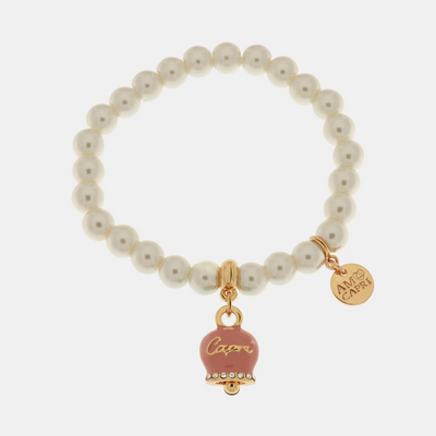 BySimon - Bracciale in Metallo Bracciale in Metallo con perle e campanella portafortuna in smalto rosa con scritta Capri