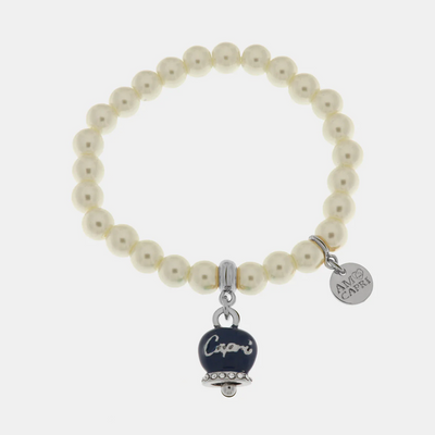 BySimon - Bracciale in Metallo Bracciale in Metallo con perle e campanella portafortuna in smalto blu con scritta Capri