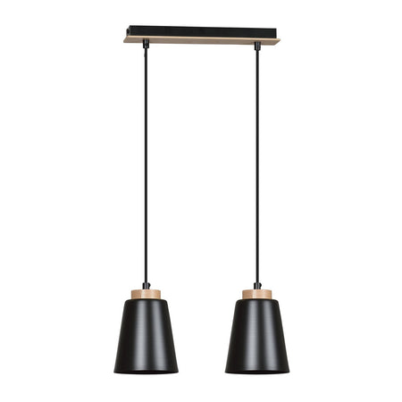 Lampadario 2 Luci Bolero Con Paralumi A Cono In Acciaio Nero E Legno Naturale