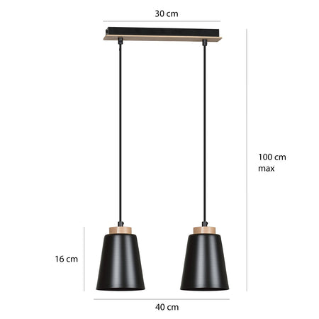 Lampadario 2 Luci Bolero Con Paralumi A Cono In Acciaio Nero E Legno Naturale