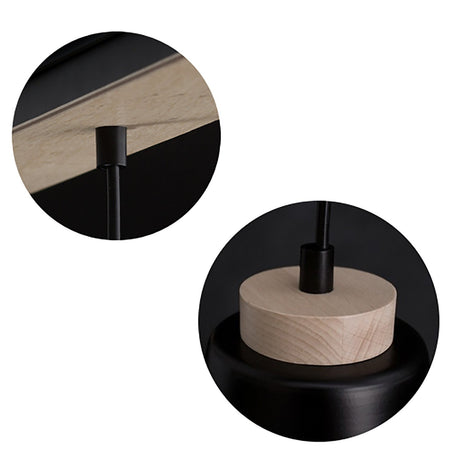 Lampadario 3 Luci Bolero Con Paralumi A Cono In Acciaio Nero E Legno Naturale