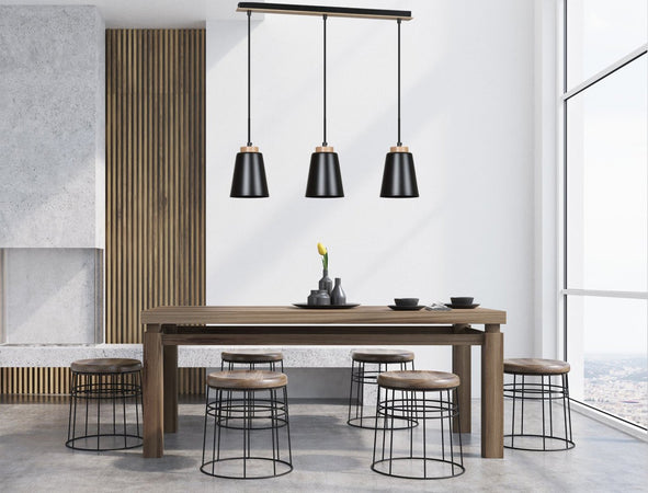Lampadario 3 Luci Bolero Con Paralumi A Cono In Acciaio Nero E Legno Naturale