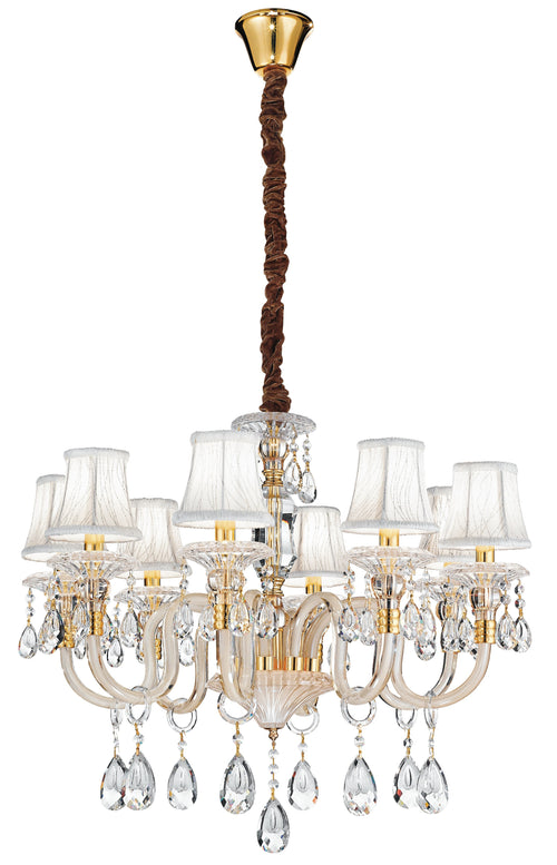 Lampadario Barocco Gocce Cristallo k9 Finitura Oro paralumi Tessuto Decorato Classico E14
