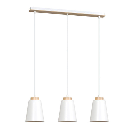 Lampadario 3 Luci Bolero Con Paralumi A Cono In Acciaio Bianco E Legno Naturale
