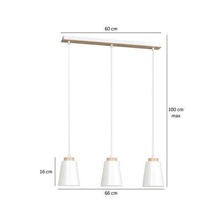 Lampadario 3 Luci Bolero Con Paralumi A Cono In Acciaio Bianco E Legno Naturale