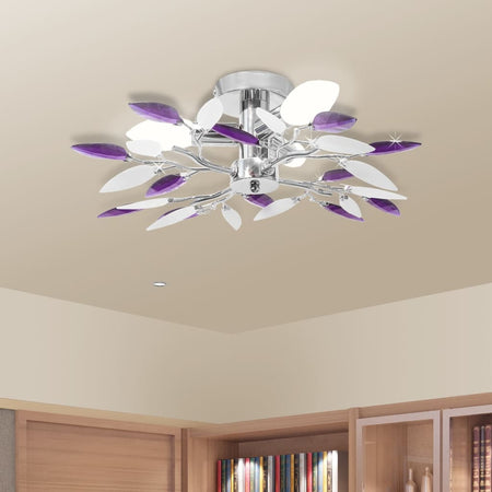 Lampada a Soffitto Lampadario Foglie Bianco e Viola Cristallo Acrilico 3xE14