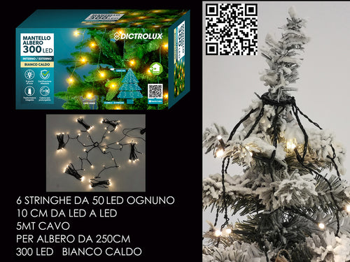 Mantello Albero Bianco Caldo con 300 Led 5Mt di Cavo per Alberi da 2,5 M