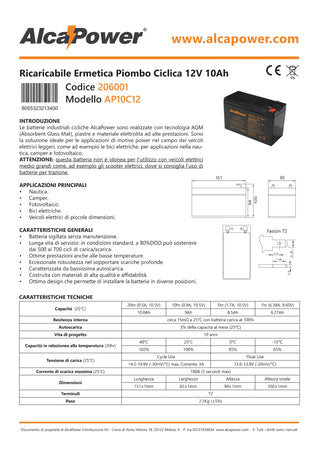 Alca Power batteria al piombo da 12V 10Ah ricaricabile ermetica per UPS e illuminazione di emergenza