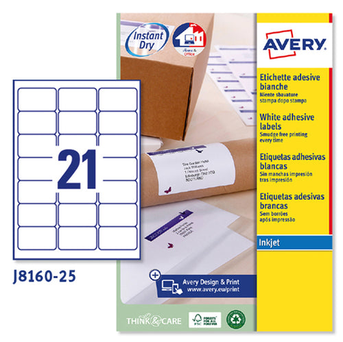 Etichetta Adesiva J8160 Bianca 25Fg A4 63,5X38,1Mm (21Et/Fg Inkjet Avery