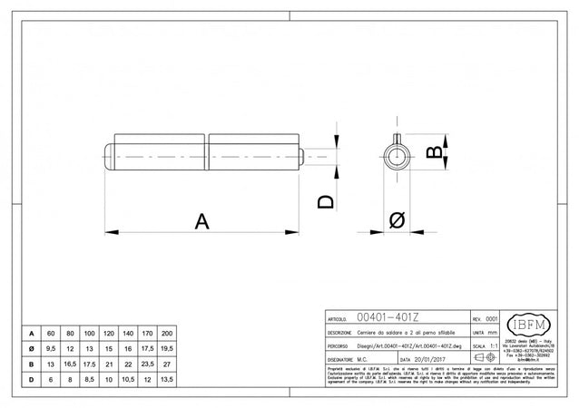 IBFM 120mm a 2 ali - 2pz cerniera da saldare per porte a battente in metallo