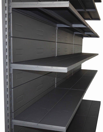 Scaffale metallico verniciato nero ghisa per negozio con piani regolabili cm. 45x40x300h