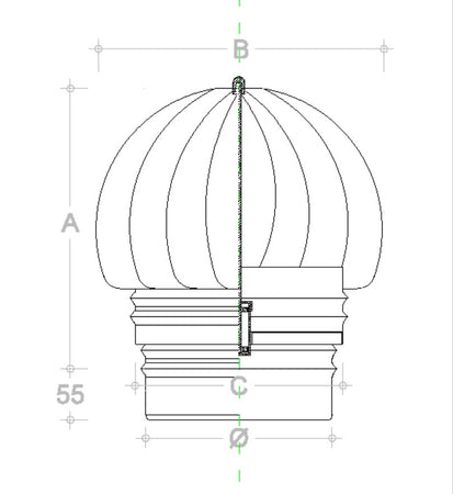 Fumaiolo da 230mm tipo radiante eolico inox AISI 304 base tonda innesto M maschio