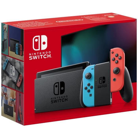 Console Nintendo Switch con una gioia rossa neon e un gioia blu neon