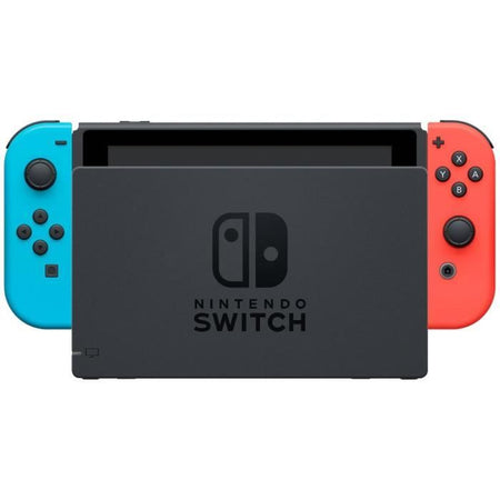 Console Nintendo Switch con una gioia rossa neon e un gioia blu neon