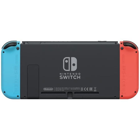 Console Nintendo Switch con una gioia rossa neon e un gioia blu neon