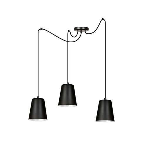 Lampadario 3 Luci Link In Acciaio Nero Cavo Lungo E Paralumi Cono Nero E Bianco