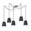 Lampadario 5 Luci Link In Acciaio Nero Cavo Lungo E Paralumi Cono Nero E Bianco