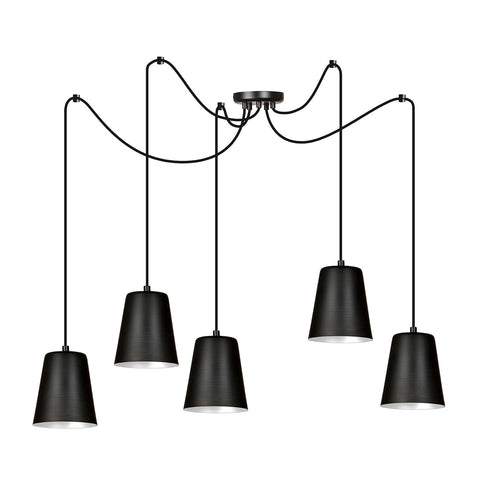 Lampadario 5 Luci Link In Acciaio Nero Cavo Lungo E Paralumi Cono Nero E Bianco