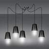 Lampadario 5 Luci Link In Acciaio Nero Cavo Lungo E Paralumi Cono Nero E Bianco