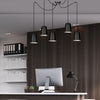 Lampadario 5 Luci Link In Acciaio Nero Cavo Lungo E Paralumi Cono Nero E Bianco