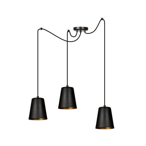 Lampadario 3 Luci Link In Acciaio Nero Cavo Lungo E Paralumi Cono Nero E Oro