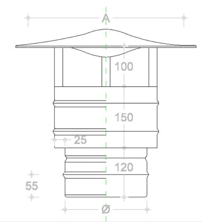 Fumaiolo da 100mm antivento inox base tonda innesto M maschio