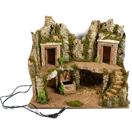 Scenario vuoto per presepe con grotta e fontana in legno e sughero 57 cm
