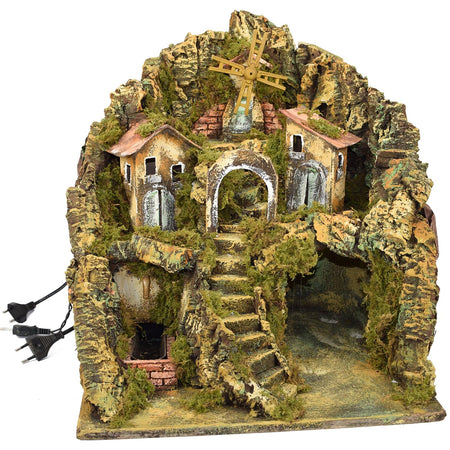 Capanna per presepe vuota in sughero e legno Grotta per natività con fontana