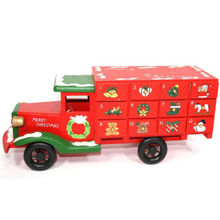 Calendario dell'avvento natalizio "Camion" decorazione in legno rosso con cassetti