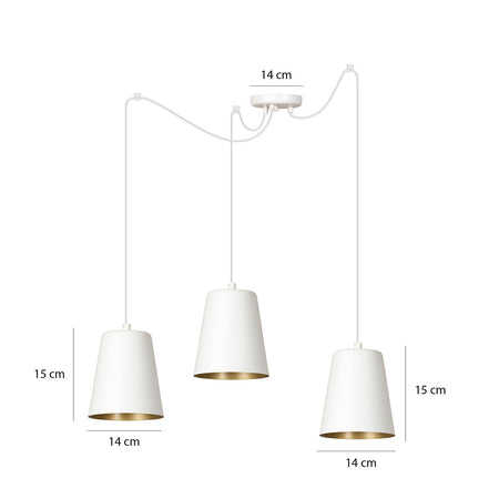 Lampadario 3 Luci Link In Acciaio Cavo Lungo E Paralumi Cono Bianco E Oro