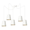 Lampadario 5 Luci Link In Acciaio Cavo Lungo E Paralumi Cono Bianco E Oro