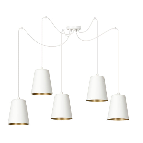 Lampadario 5 Luci Link In Acciaio Cavo Lungo E Paralumi Cono Bianco E Oro