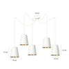 Lampadario 5 Luci Link In Acciaio Cavo Lungo E Paralumi Cono Bianco E Oro