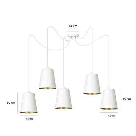 Lampadario 5 Luci Link In Acciaio Cavo Lungo E Paralumi Cono Bianco E Oro